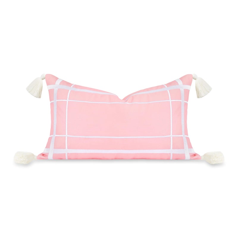 Hofdeco Premium Coastal Patio Indoor Outdoor Lumbar Pillow Cover Only 12x20 Water Repellent for Backyard Couch Blush Pink Embroidered Line Frame - Image 2