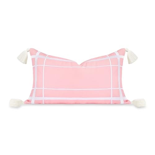 Hofdeco Premium Coastal Patio Indoor Outdoor Lumbar Pillow Cover Only 12x20 Water Repellent for Backyard Couch Blush Pink Embroidered Line Frame - Image 1
