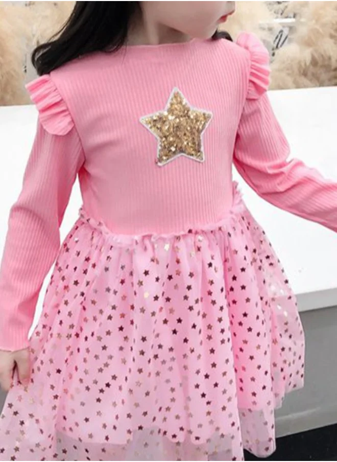YUNIQEE Pink Fit & Flare Crew Neck Embellished Dress
