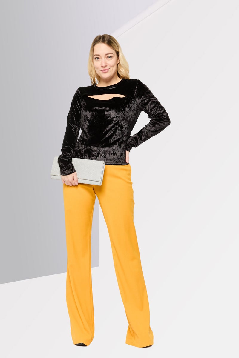 Michael Kors Women Round Neck Long Sleeves Velvet Top, Black  - Image 2