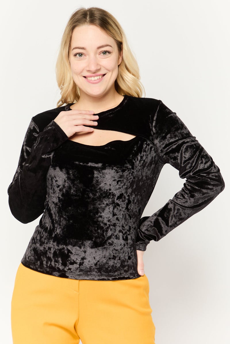 Michael Kors Women Round Neck Long Sleeves Velvet Top, Black  - Image 1