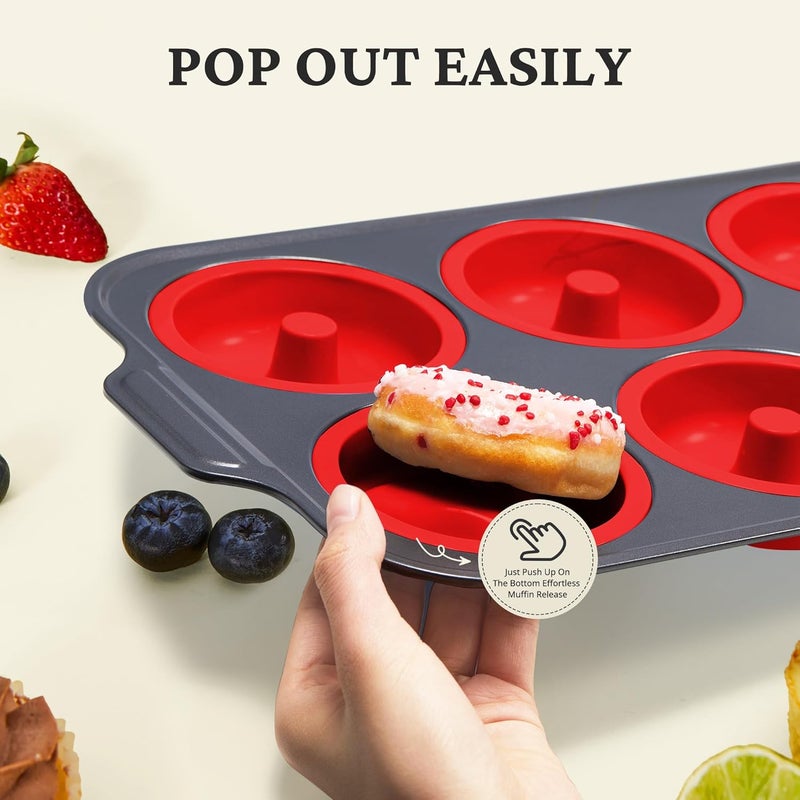 BRONYPRO Silicone Donut Pan for Baking with Metal Frame, 3.35 Inch Large doughnut pan,donut molds for baking Nonstick Non Toxic Bakeware for Oven, Red - Image 4