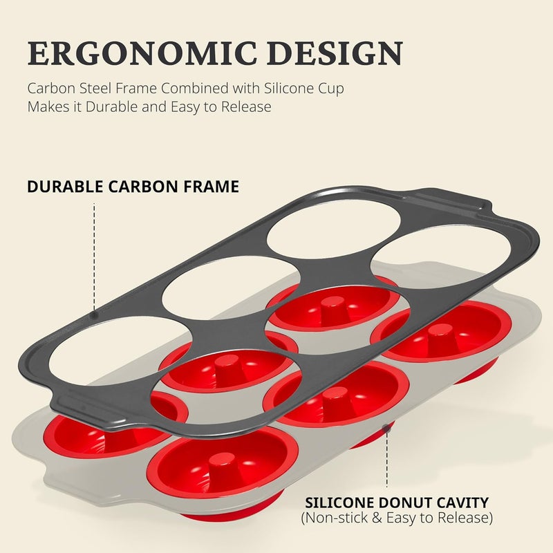 BRONYPRO Silicone Donut Pan for Baking with Metal Frame, 3.35 Inch Large doughnut pan,donut molds for baking Nonstick Non Toxic Bakeware for Oven, Red - Image 2
