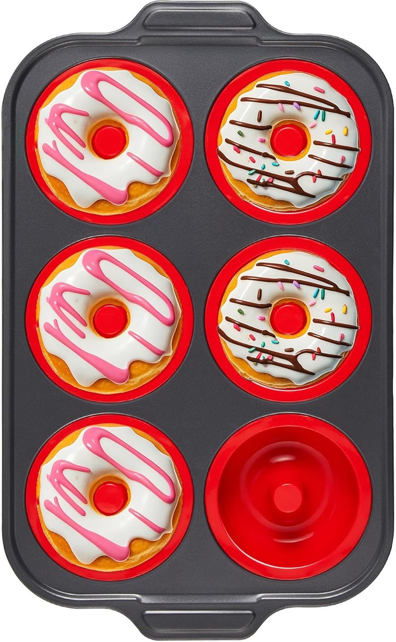 BRONYPRO Silicone Donut Pan for Baking with Metal Frame, 3.35 Inch Large doughnut pan,donut molds for baking Nonstick Non Toxic Bakeware for Oven, Red - Image 1