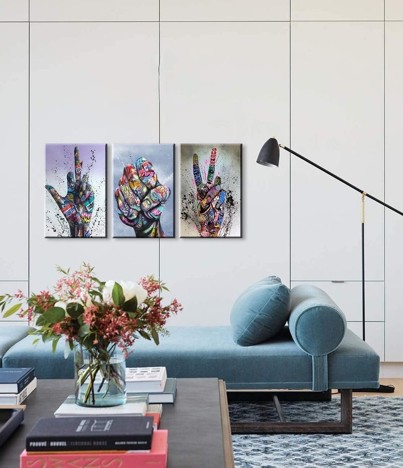 Mistyefly 3 Piece Graffiti Wall Art Hand Gesture Pop Art Street Art Canvas Wall Art Graffiti Art Wall Decor Colorful Canvas Art Framed Graffiti Canvas for Living Room Bedroom Decor (16''Wx24''Hx3PCS) - Image 2