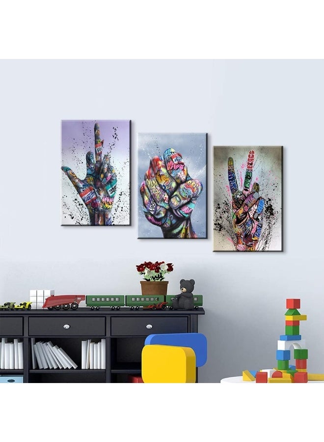 Mistyefly 3 Piece Graffiti Wall Art Hand Gesture Pop Art Street Art Canvas Wall Art Graffiti Art Wall Decor Colorful Canvas Art Framed Graffiti Canvas for Living Room Bedroom Decor (16''Wx24''Hx3PCS) - Image 5
