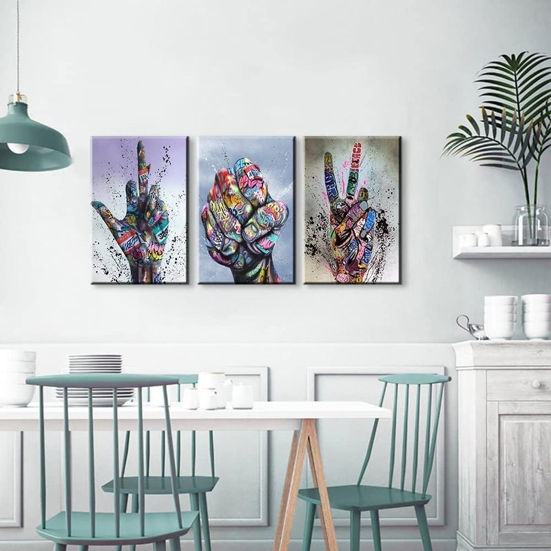 Mistyefly 3 Piece Graffiti Wall Art Hand Gesture Pop Art Street Art Canvas Wall Art Graffiti Art Wall Decor Colorful Canvas Art Framed Graffiti Canvas for Living Room Bedroom Decor (16''Wx24''Hx3PCS) - Image 4