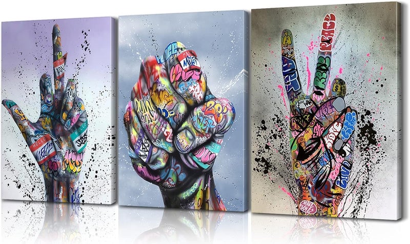 Mistyefly 3 Piece Graffiti Wall Art Hand Gesture Pop Art Street Art Canvas Wall Art Graffiti Art Wall Decor Colorful Canvas Art Framed Graffiti Canvas for Living Room Bedroom Decor (16''Wx24''Hx3PCS) - Image 1