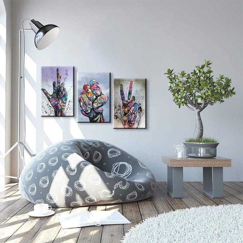 Mistyefly 3 Piece Graffiti Wall Art Hand Gesture Pop Art Street Art Canvas Wall Art Graffiti Art Wall Decor Colorful Canvas Art Framed Graffiti Canvas for Living Room Bedroom Decor (16''Wx24''Hx3PCS) - Image 3