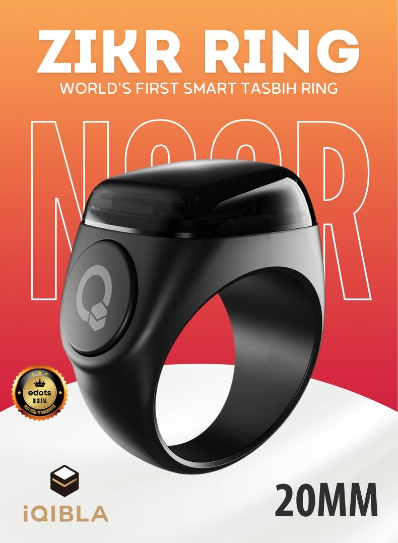 iQIBLA Zikr Ring Noor | 20MM Prayer Ring, Tasbih Counter & Islamic Reminder | Waterproof Wearable Technology | Black