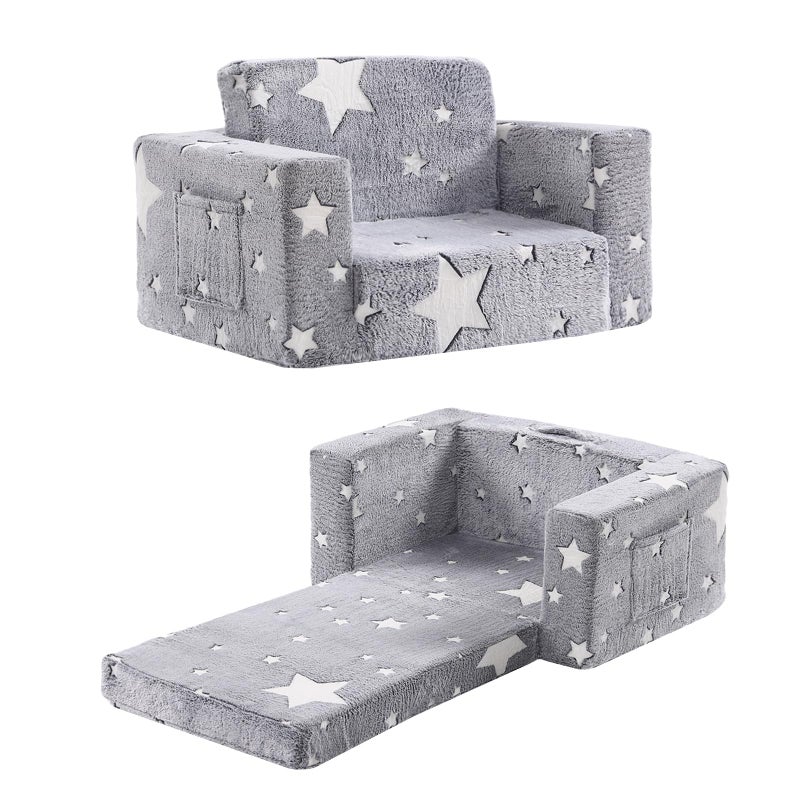 Givjoy Toddler Chair Plush Kids Couch 2in1 Comfy Armchair Removable and Washable Cover Carrying Handle Convertible Reading Chair Toddler Couch for Girls and Boys Glow in The Dark Grey Star