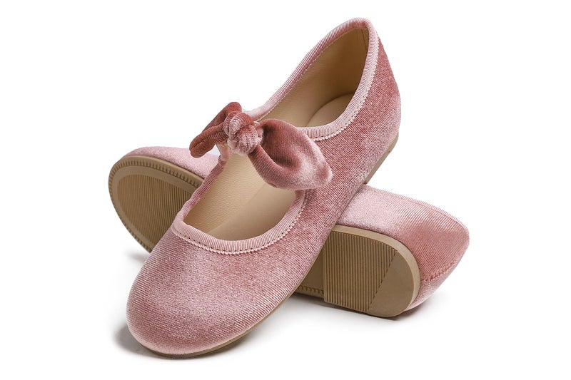 FEVERSOLE Girls Cute Dress Mary Jane Shoes Little Kids Casual Buckle Strap Flats Velvet Bow Elastic Pink Size 13.5 M US - Image 4