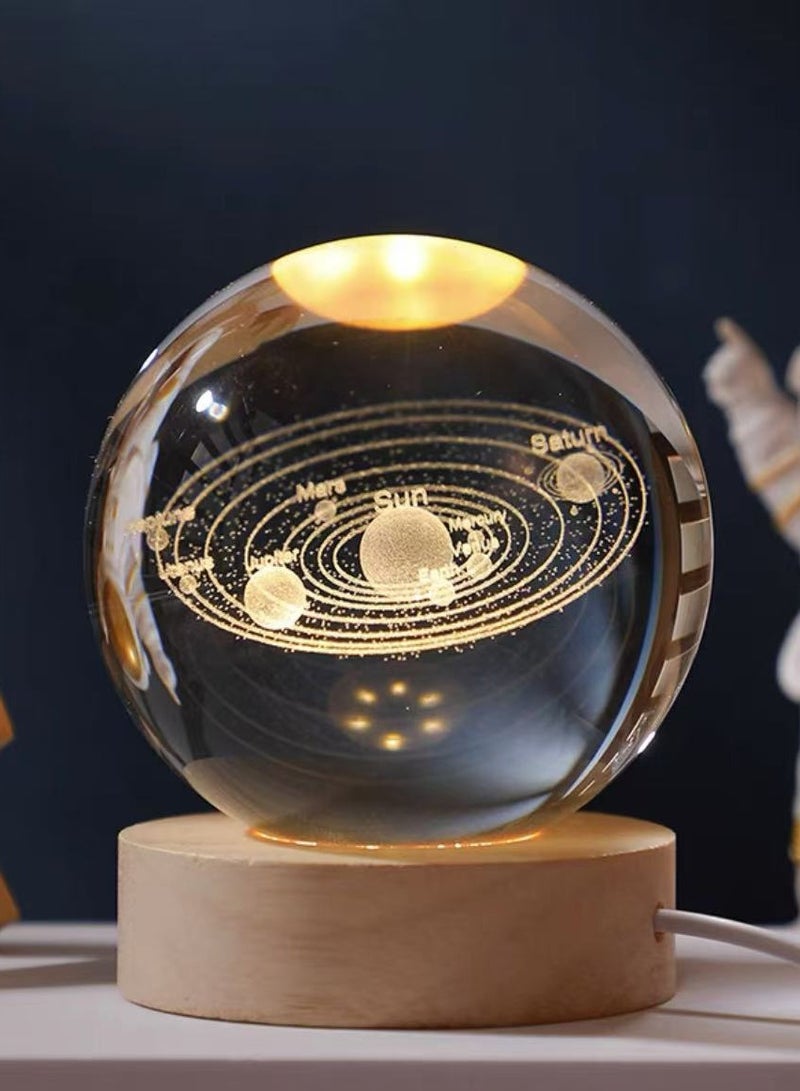 table lamp the solar system,1-Piece Moon Luminous Night Warm Light Ornaments 3D Laser Engraved Crystal Ball Lamp with Wood Base for Home and Office - Image 3