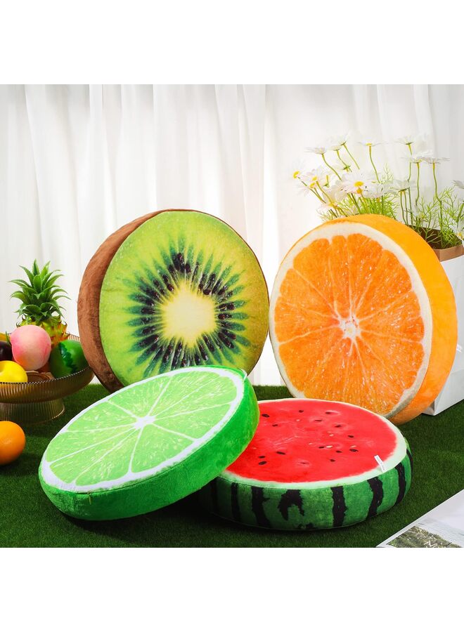 4 وسائد أرضية دائرية مزينة بالفواكه، ثلاثية الأبعاد، على شكل بطيخ، كيوي، ليمون، وبرتقال، وسائد زينة محشوة، مناسبة للكراسي، ألعاب الأطفال، مقاعد أرضية، وسائد للأطفال، أريكة، فصل دراسي، 14.8 بوصة - Image 1