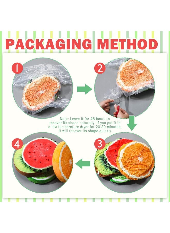 4 وسائد أرضية دائرية مزينة بالفواكه، ثلاثية الأبعاد، على شكل بطيخ، كيوي، ليمون، وبرتقال، وسائد زينة محشوة، مناسبة للكراسي، ألعاب الأطفال، مقاعد أرضية، وسائد للأطفال، أريكة، فصل دراسي، 14.8 بوصة - Image 3