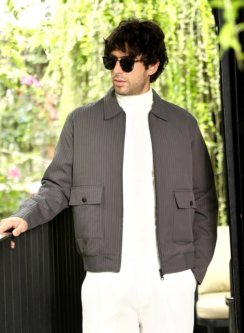 Men Zip-Front Lined-Tactile Jacket | Point Collar, Long Button Cuff Sleeves | Zipper , Ribbed-Straight Hem | Solid Textured | Woven Fabric For Casual & Daily Wear | Moon Grey