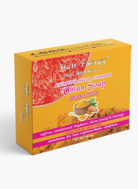 Hair Energy Ayurvedic Ubtan Soap | Saffron, Sandalwood, Nagkesar, Husne Yousuf & Narangi | Exfoliates, De-Tans, Lightens Marks, Brightens | Ideal for All Skin Types | 100g