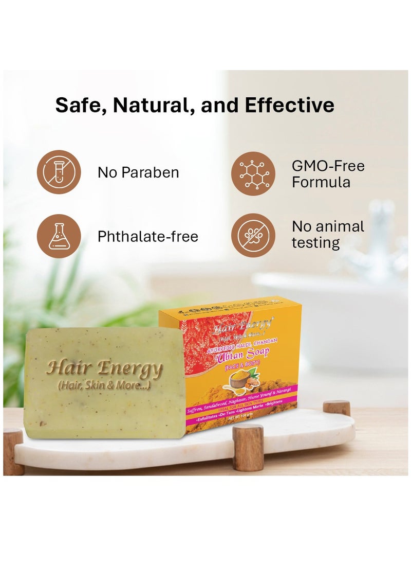 Hair Energy Ayurvedic Ubtan Soap | Saffron, Sandalwood, Nagkesar, Husne Yousuf & Narangi | Exfoliates, De-Tans, Lightens Marks, Brightens | Ideal for All Skin Types | 100g