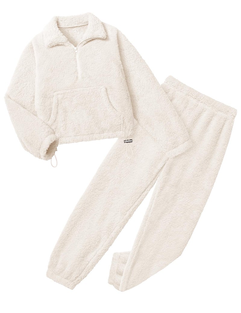 Yimoon Womens Fluffy Pajamas Set Warm Fleece Pjs Half Zip Pullover Pants 2 Piece Sleepwear Winter Fuzzy Loungewear(Beige-S) - Image 1