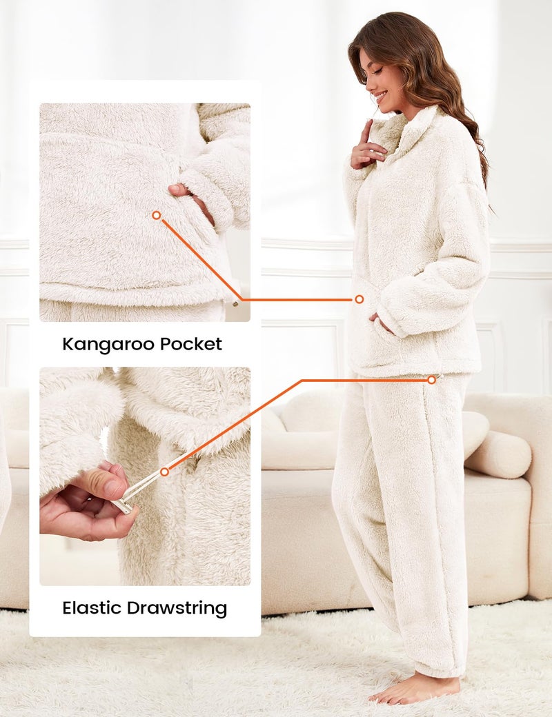 Yimoon Womens Fluffy Pajamas Set Warm Fleece Pjs Half Zip Pullover Pants 2 Piece Sleepwear Winter Fuzzy Loungewear(Beige-S) - Image 5