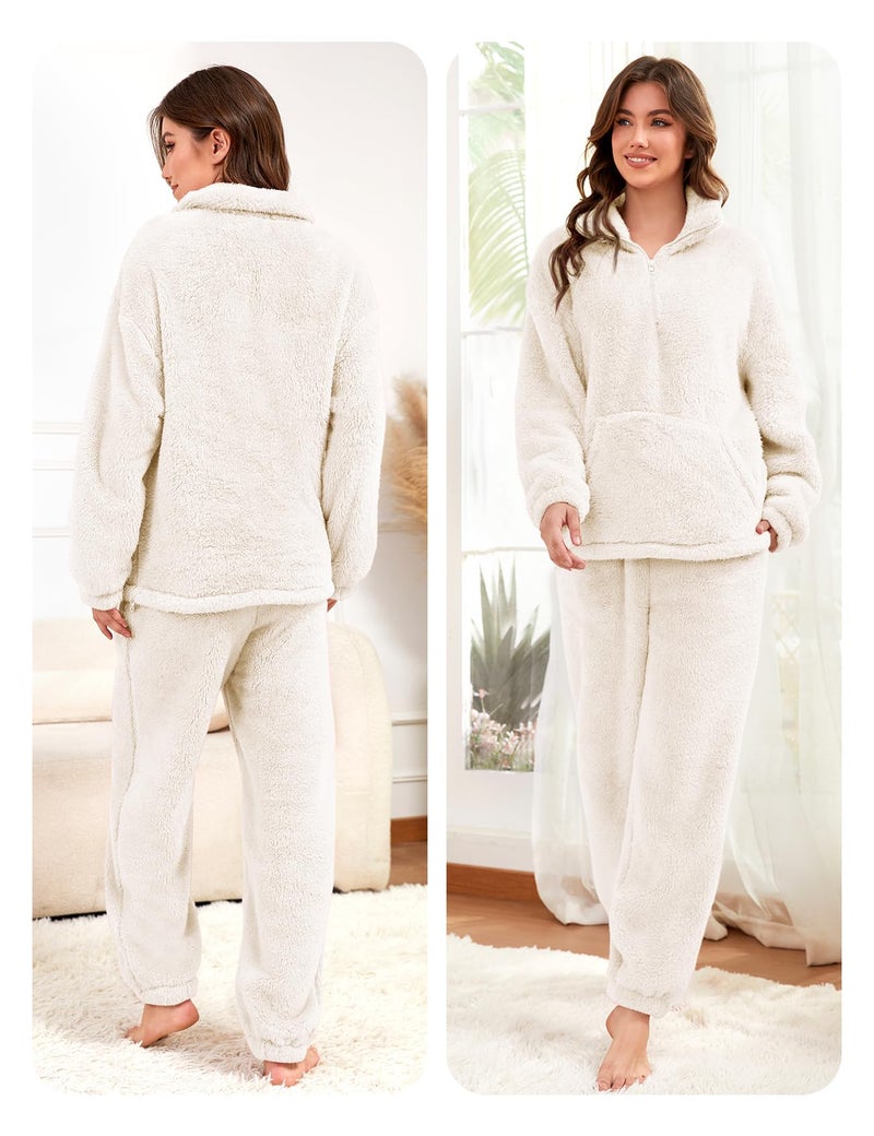 Yimoon Womens Fluffy Pajamas Set Warm Fleece Pjs Half Zip Pullover Pants 2 Piece Sleepwear Winter Fuzzy Loungewear(Beige-S) - Image 2