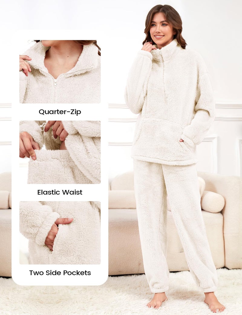 Yimoon Womens Fluffy Pajamas Set Warm Fleece Pjs Half Zip Pullover Pants 2 Piece Sleepwear Winter Fuzzy Loungewear(Beige-S) - Image 4