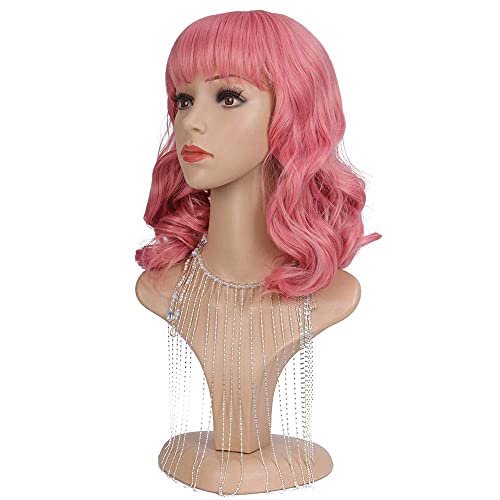 DIFEI Rockabilly Vintage Wig Audrey Hepbum Short Bang Wig Long Finger Wavy Wigs for Women (Pink) - Image 3