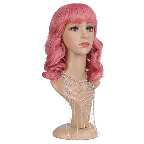 DIFEI Rockabilly Vintage Wig Audrey Hepbum Short Bang Wig Long Finger Wavy Wigs for Women (Pink) - Image 4