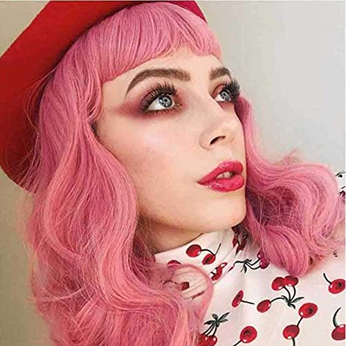 DIFEI Rockabilly Vintage Wig Audrey Hepbum Short Bang Wig Long Finger Wavy Wigs for Women (Pink) - Image 1