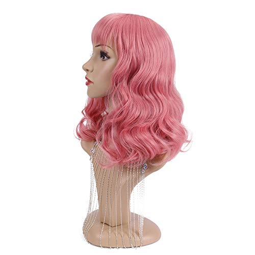 DIFEI Rockabilly Vintage Wig Audrey Hepbum Short Bang Wig Long Finger Wavy Wigs for Women (Pink) - Image 5