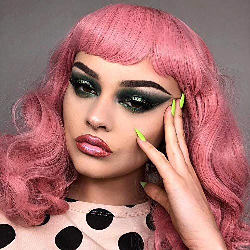 DIFEI Rockabilly Vintage Wig Audrey Hepbum Short Bang Wig Long Finger Wavy Wigs for Women (Pink) - Image 2