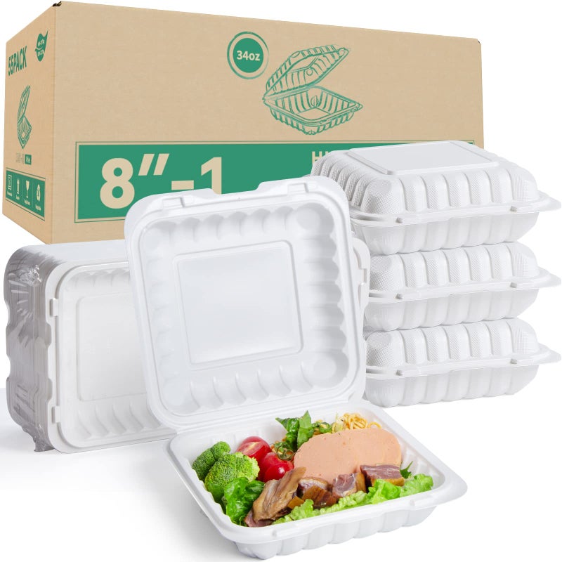 LEOBOX Takeout Container Mineral Filled PP Plastic 8 Inch 34oz 55 Pack Shrink Wrap BPA Free To Go Boxes Reusable Dishwasher Microwave Freezer Safe for Food Delivery White Disposable Containers