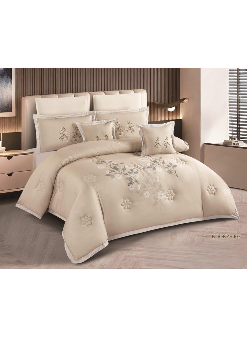 Summer double bed set (one and a half size) with elegant floral embroidery. Soft microfiber, full filling, 5pieces: 1 comforter (170 x 230 cm), 1 fitted sheet (120 x 200 cm), 2 pillowcases (75 x 50 cm), 1 cushion cover (45 x 45 cm).
