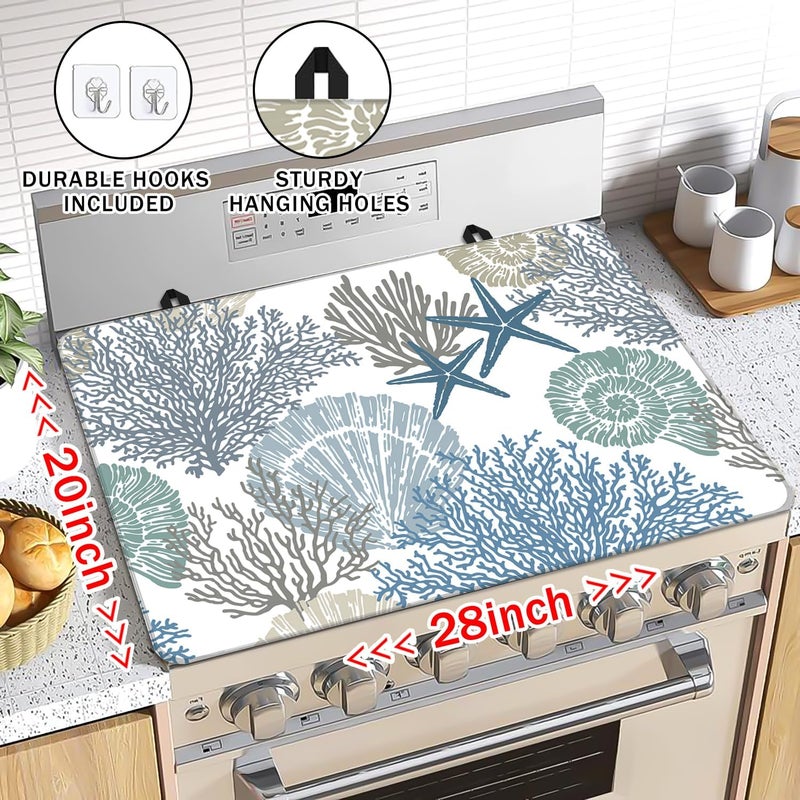 Seimip Nautical Coastal Stove Top Cover, Seashell Starfish Gas Stove Top Cover for Kitchen Decoration Pad Summer Starfish Non-Stick Washable Cooktop Covers Countertop Protector Keep Stove Clean White - Image 3