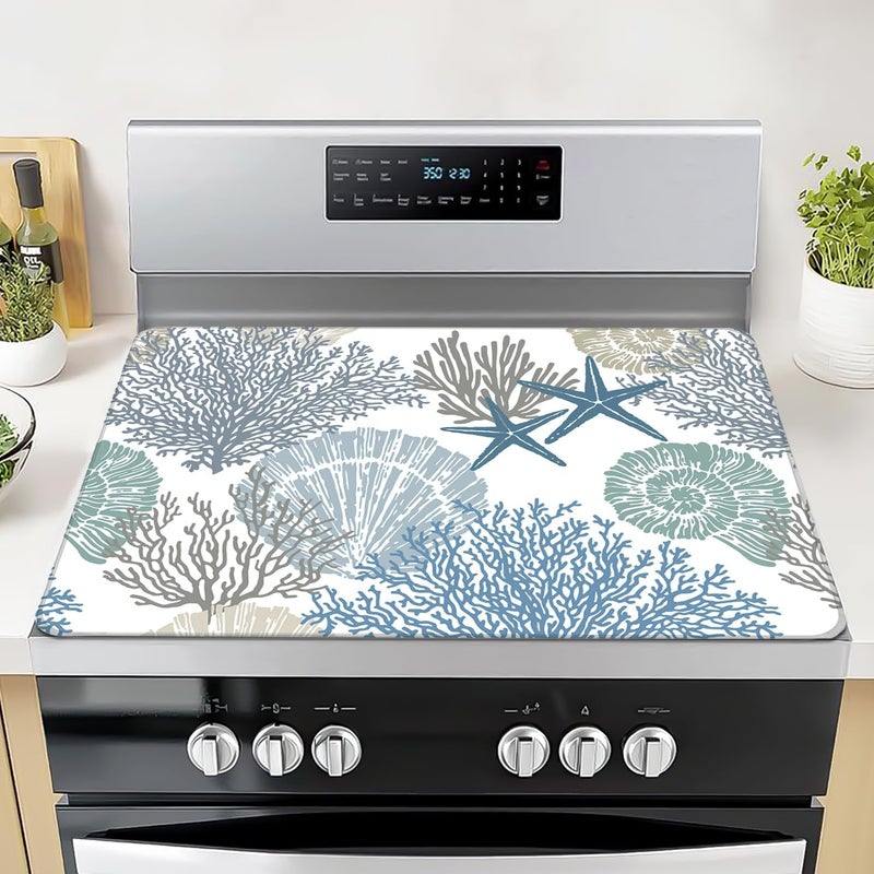 Seimip Nautical Coastal Stove Top Cover, Seashell Starfish Gas Stove Top Cover for Kitchen Decoration Pad Summer Starfish Non-Stick Washable Cooktop Covers Countertop Protector Keep Stove Clean White - Image 1