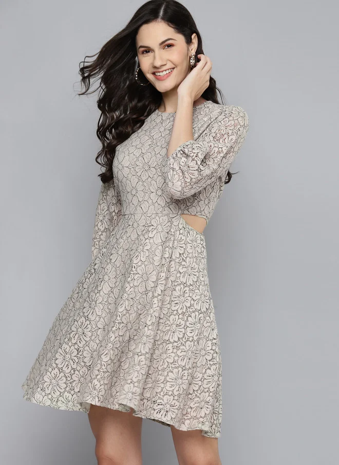 SASSAFRAS Beige Floral Cut-Out Dress for Women