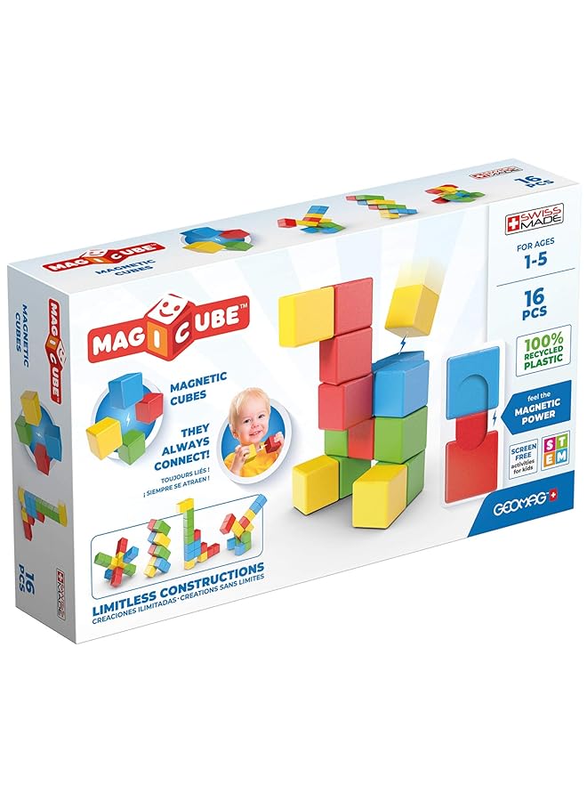 جيوماغ لعبة ماجيكوب التعليمية المغناطيسية متعددة الألوان مصنوعة في سويسرا، مصنوعة من بلاستيك معاد تدويره بنسبة 100%، مفتوحة النهاية، مناسبة للأطفال من عمر سنة فما فوق، 16 قطعة - Image 1