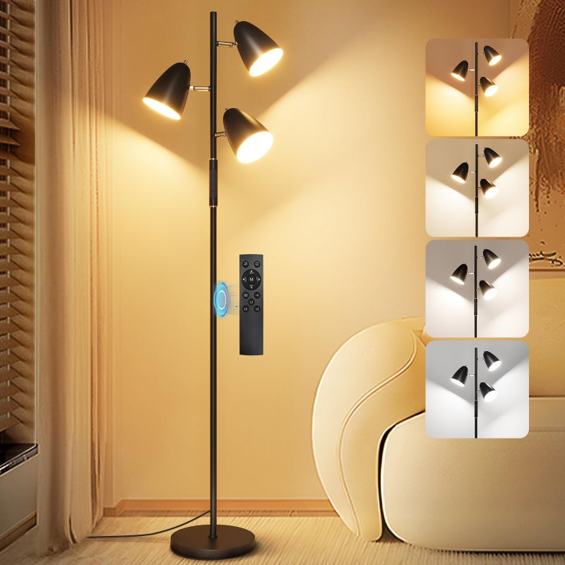 QiMH LED Floor Lamp for Living Room, Modern Dimmable Standing Lamp with 4 Color Temperature,Remote and Touch Control, Tree Floor Lamp for Bedroom with 3 Rotatable Lights Bright Stand up Lamp, Black - Image 1
