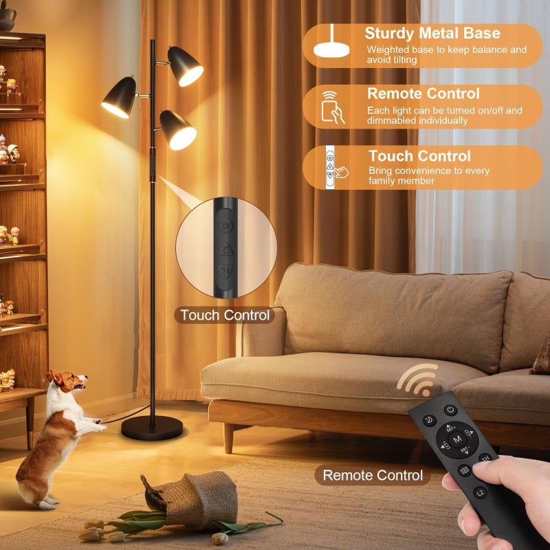 QiMH LED Floor Lamp for Living Room, Modern Dimmable Standing Lamp with 4 Color Temperature,Remote and Touch Control, Tree Floor Lamp for Bedroom with 3 Rotatable Lights Bright Stand up Lamp, Black - Image 4