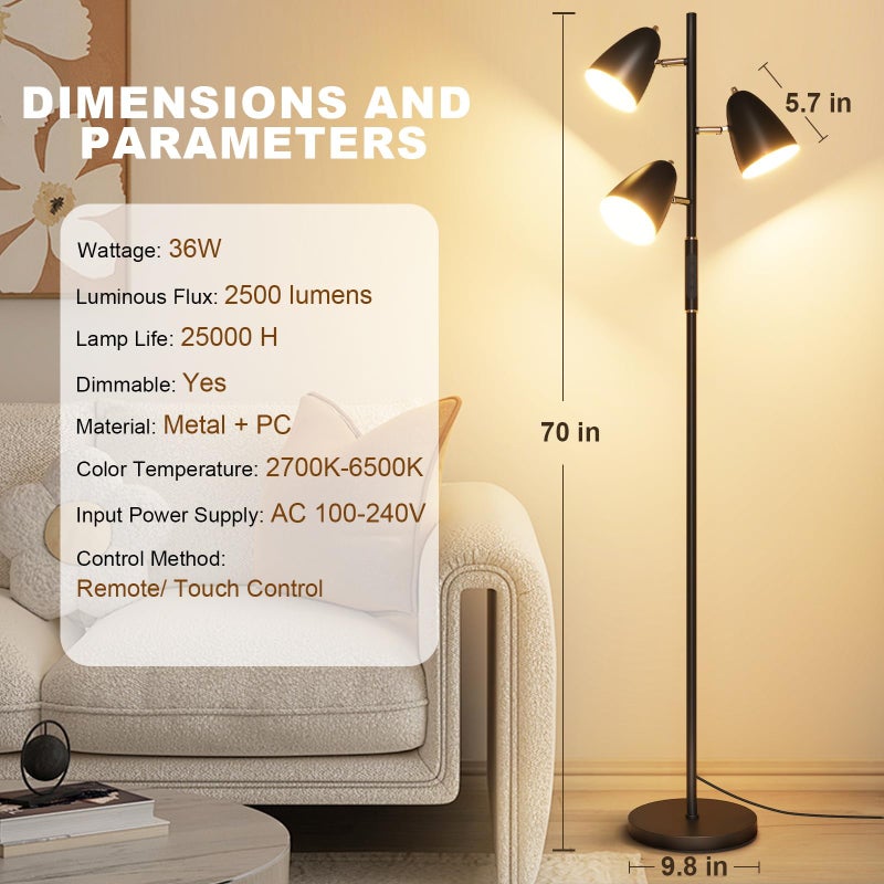QiMH LED Floor Lamp for Living Room, Modern Dimmable Standing Lamp with 4 Color Temperature,Remote and Touch Control, Tree Floor Lamp for Bedroom with 3 Rotatable Lights Bright Stand up Lamp, Black - Image 5