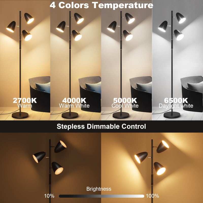 QiMH LED Floor Lamp for Living Room, Modern Dimmable Standing Lamp with 4 Color Temperature,Remote and Touch Control, Tree Floor Lamp for Bedroom with 3 Rotatable Lights Bright Stand up Lamp, Black - Image 2