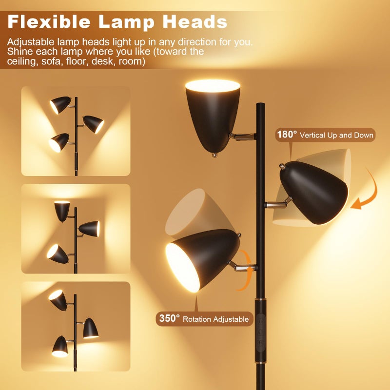 QiMH LED Floor Lamp for Living Room, Modern Dimmable Standing Lamp with 4 Color Temperature,Remote and Touch Control, Tree Floor Lamp for Bedroom with 3 Rotatable Lights Bright Stand up Lamp, Black - Image 3