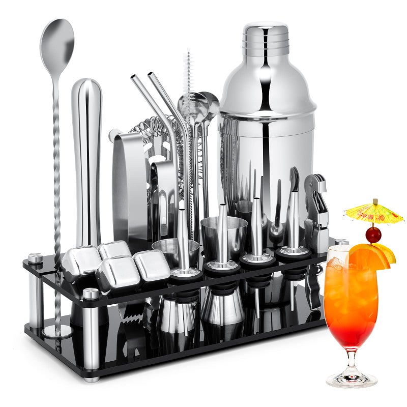 KINGROW Cocktail Shaker Set 23Piece Stainless Steel Bartender Kit with Acrylic Stand  Cocktail Recipes Booklet Professional Bar Tools for Drink Mixing Home Bar Party Include 4 Whiskey Stones