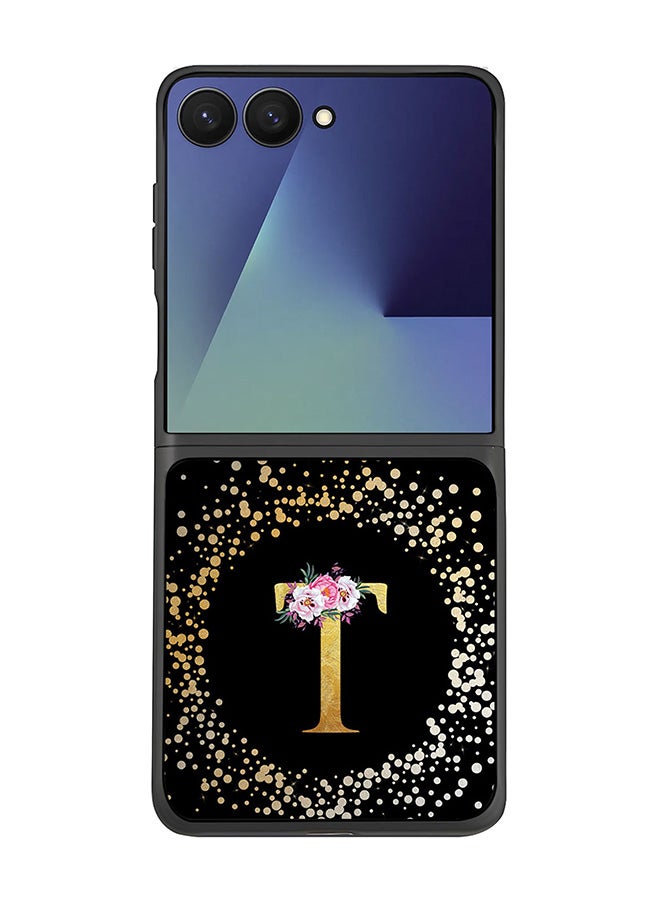 For Samsung Galaxy Z Flip7 Case,Slim fit Camera Protection, Shockproof Thin Phone cover  - Custom Monogram Floral - T ( Black )