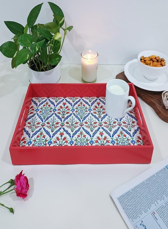 CRAFTSLANE Handmade Wooden Serving Tray | Fancy Serving Tray for Snacks, Tea, Kitchen, Coffee Table, Dining| Decorative Serving Tray with Handle| Rectangular Wooden Tray | Turkish Flowers 15x10 inch - Image 2
