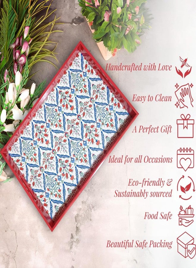 CRAFTSLANE Handmade Wooden Serving Tray | Fancy Serving Tray for Snacks, Tea, Kitchen, Coffee Table, Dining| Decorative Serving Tray with Handle| Rectangular Wooden Tray | Turkish Flowers 15x10 inch - Image 4