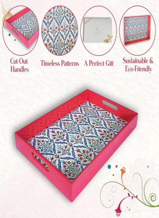 CRAFTSLANE Handmade Wooden Serving Tray | Fancy Serving Tray for Snacks, Tea, Kitchen, Coffee Table, Dining| Decorative Serving Tray with Handle| Rectangular Wooden Tray | Turkish Flowers 15x10 inch - Image 3