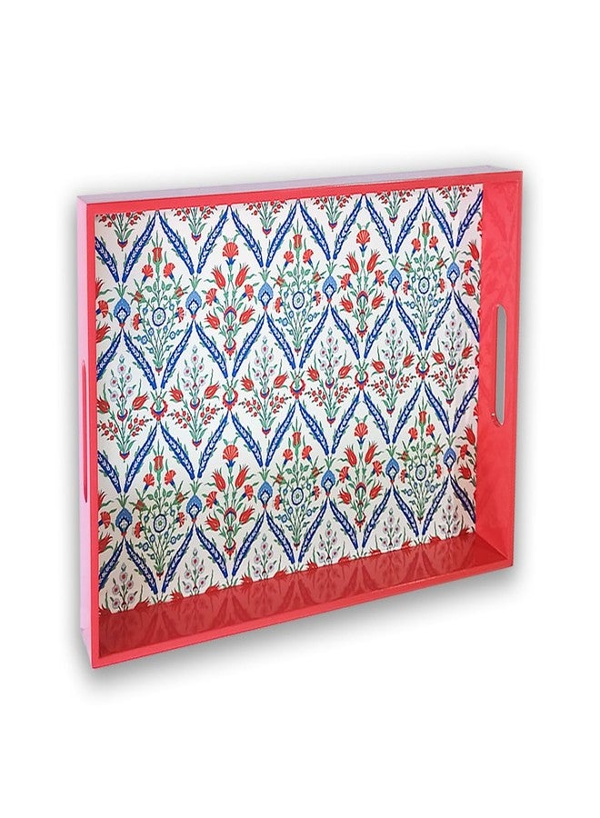 CRAFTSLANE Handmade Wooden Serving Tray | Fancy Serving Tray for Snacks, Tea, Kitchen, Coffee Table, Dining| Decorative Serving Tray with Handle| Rectangular Wooden Tray | Turkish Flowers 15x10 inch - Image 1