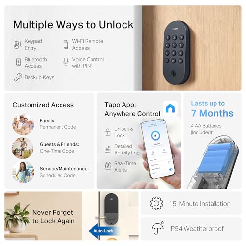 tapo قفل باب ذكي بتقنية الواي فاي من تابو - أزرار لمسية بدون مفتاح، وصول مخصص مع مراقبة عبر التطبيق، قفل تلقائي، مقاوم للعوامل الجوية IP54، درجة BHMA 3، متوافق مع أحجام الأبواب القياسية، تابو DL100 - Image 2