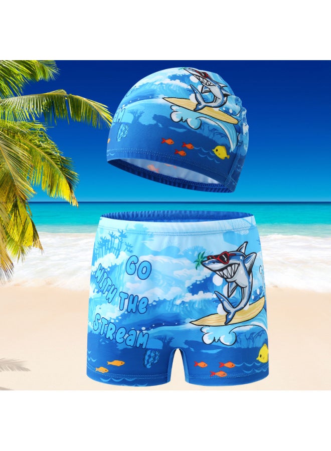 Direct Supply Children's Swimming Trunks Boys Swimming Suits Cartoon Boys Boxer Shorts Children's Swimming Suits Swimming Cap Set-Color:2301-5 Surf Shark Swimming Cap Set-